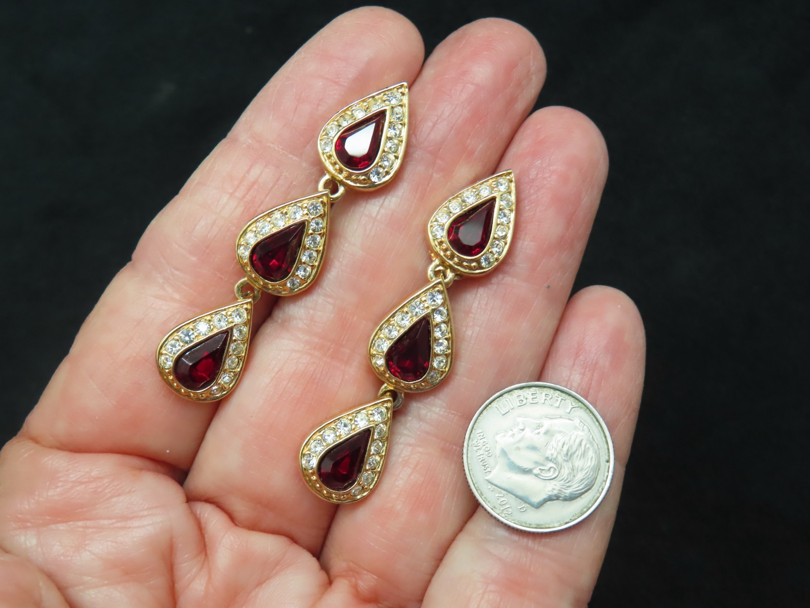 Vintage Gold Plated Red & White Dangle Drop Pierced Earrings
