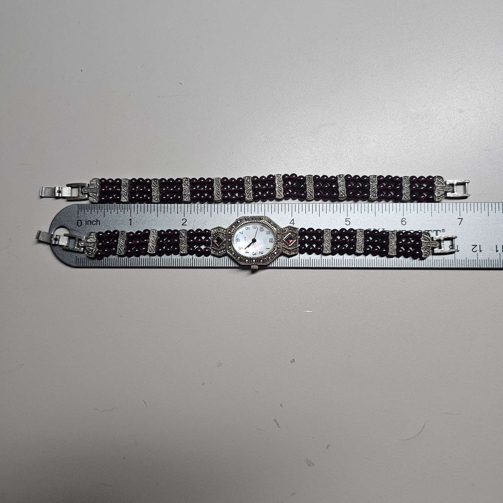 Vtg Silver Tone Marcasite W/ Garnet Beads Watch & Bracelet Set