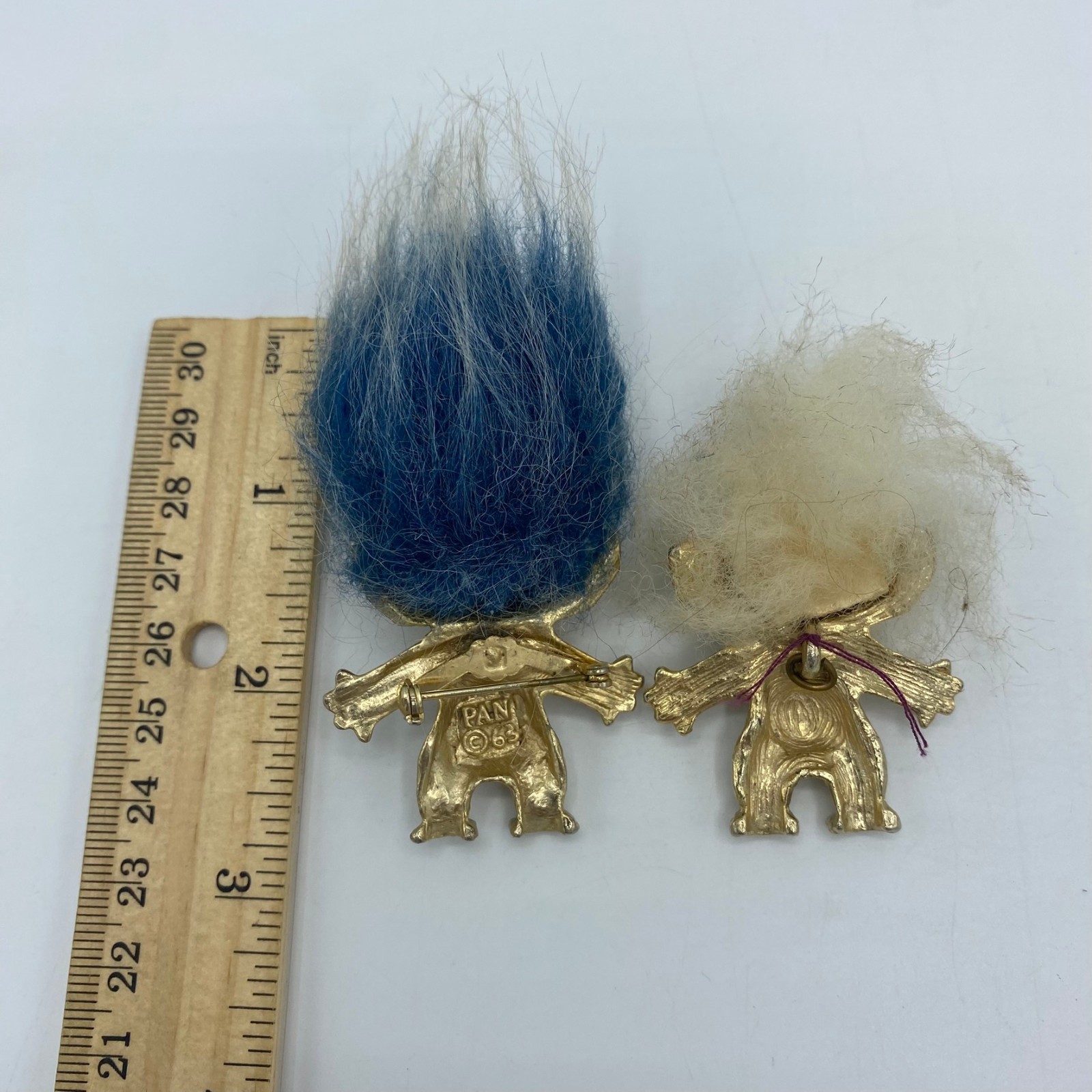 Vintage PAN ©1963 Troll Doll Brooch Pin Lot 2 Googly Eyes Blue & White Hair