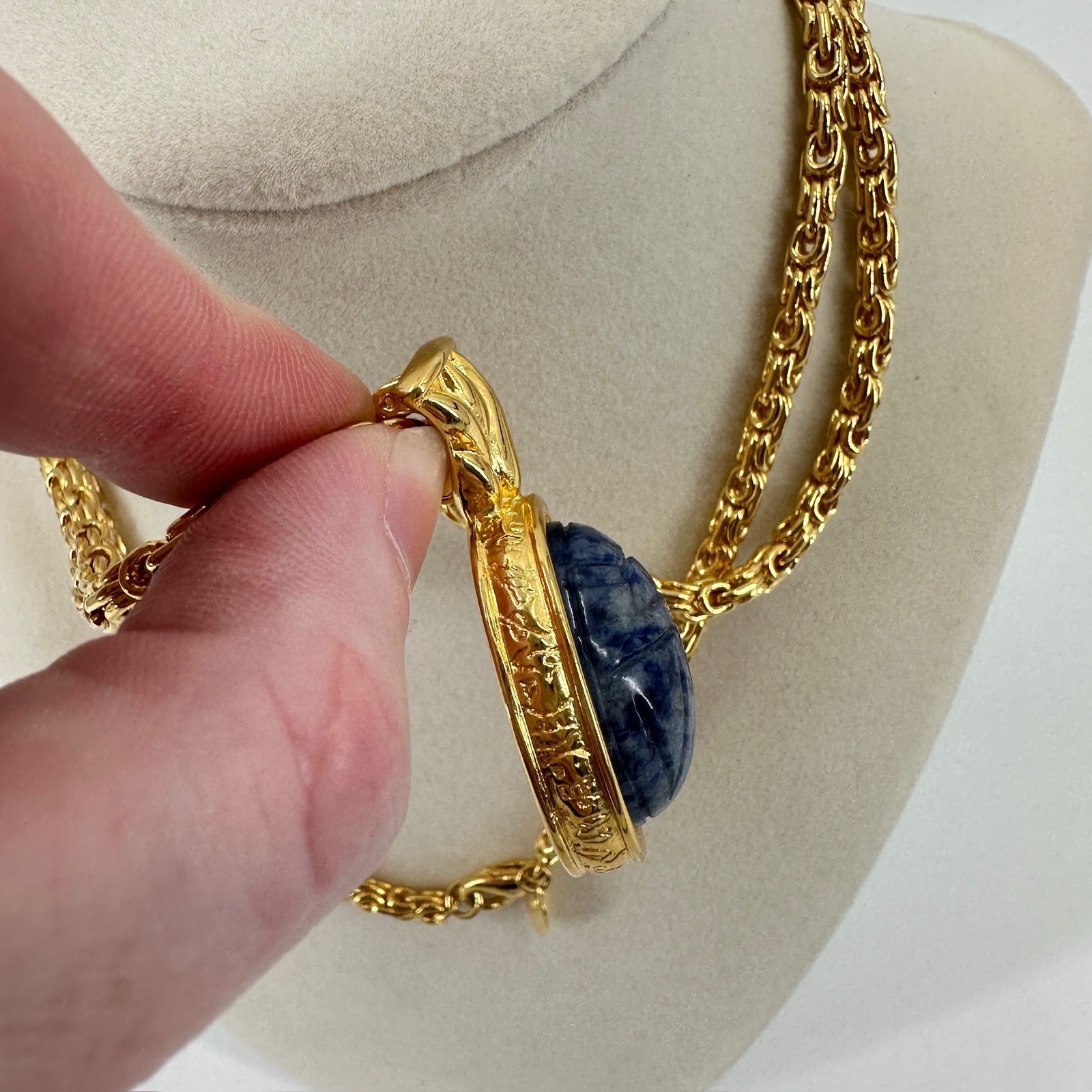 Vtg Kenneth Lane Byzantine Necklace Egyptian Revival Scarab KJL Faux Lapis 34″