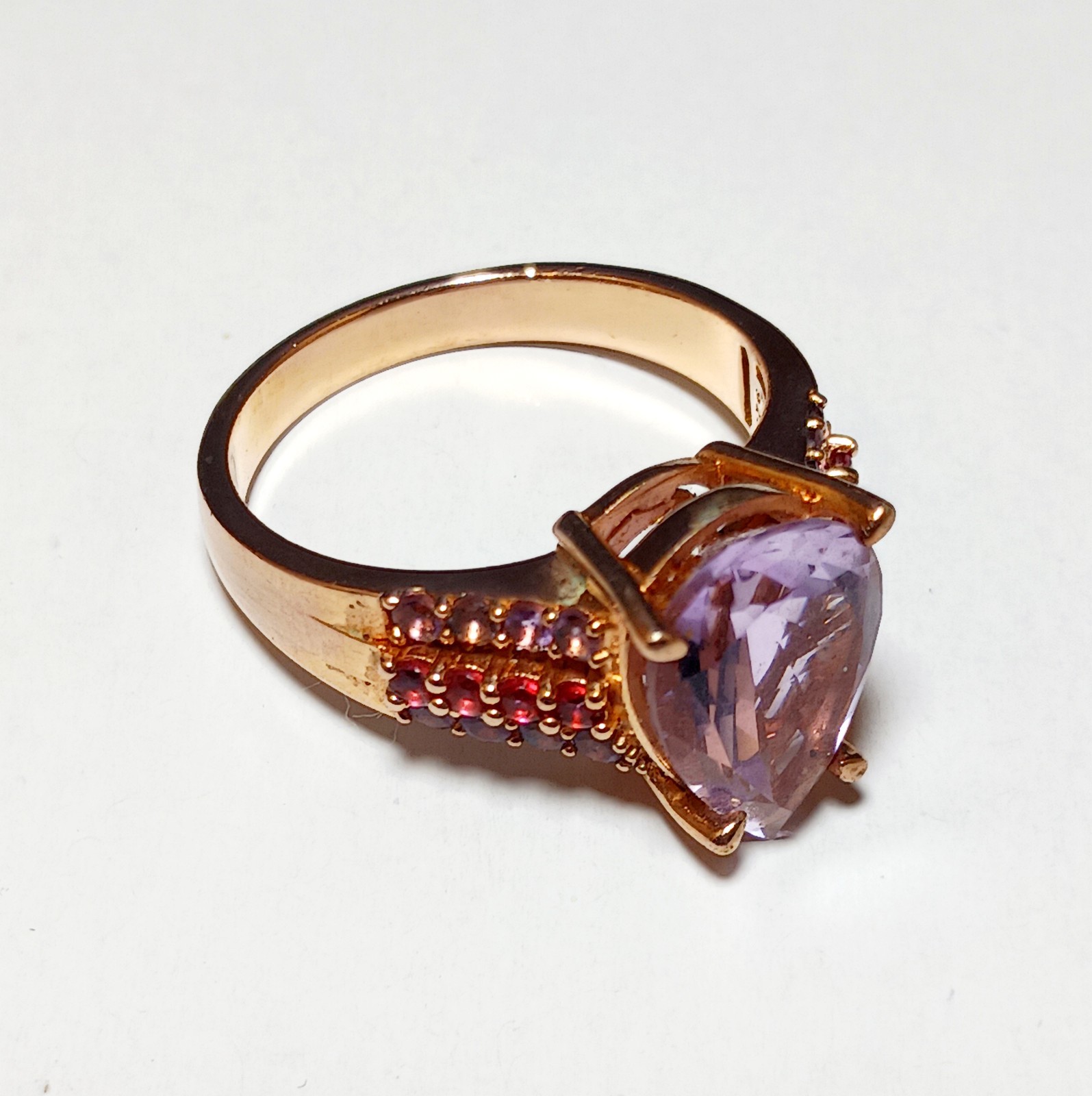 BBJ 925 Sterling Silver Teardrop Rose Gold Overlay Amethyst Ruby Ring Size 11.5