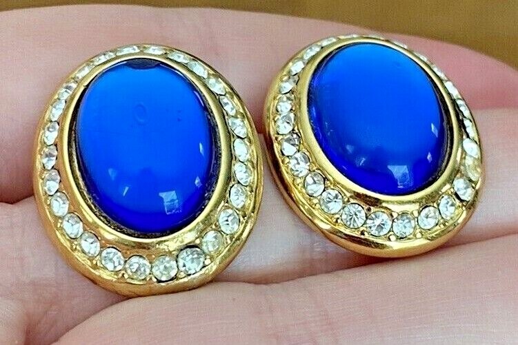 Yves Saint Laurent YSL Sapphire Blue Cabochon Rhinestone Pierced Earrings