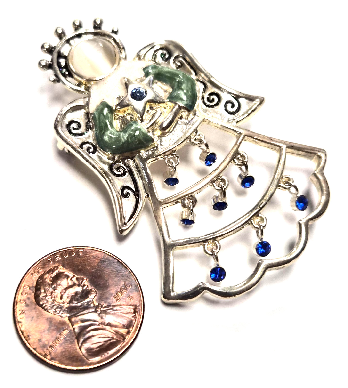 Estate Christmas Holiday Angel With Wings Blue Rhinestone Dangles Pin / Brooch