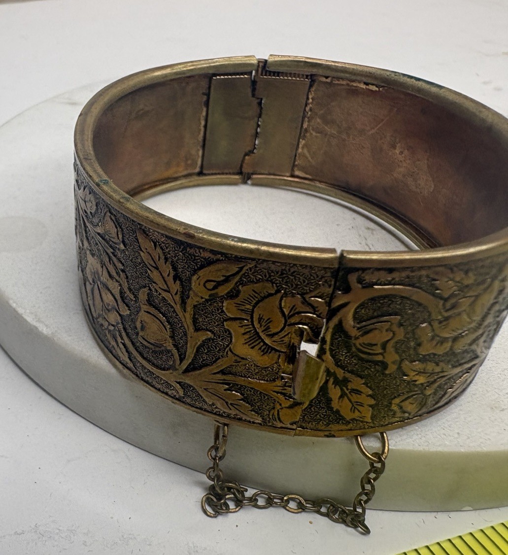 Vintage Etched Brass Wide Cuff Bracelet Floral Hinged Safety Chain