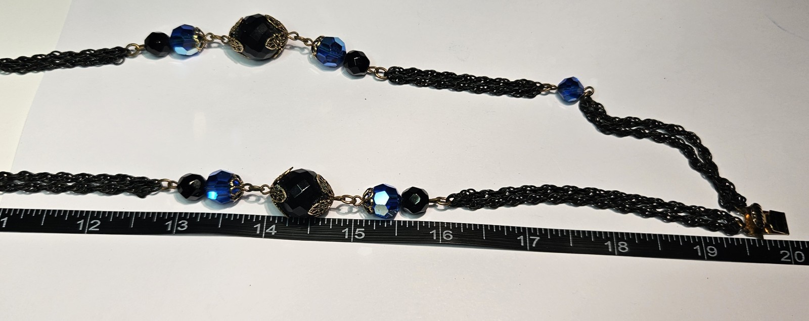 VINTAGE STYLE COLBALT BLUE & BLACK CRYSTAL w/BLACK 2 STRAND CHAIN NECKLACE