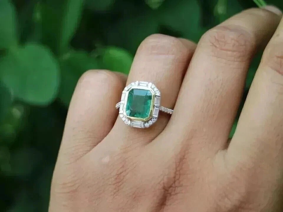 Art Deco Style Lab Created Emerald Cocktail Engagement 14K White Gold FN Ring