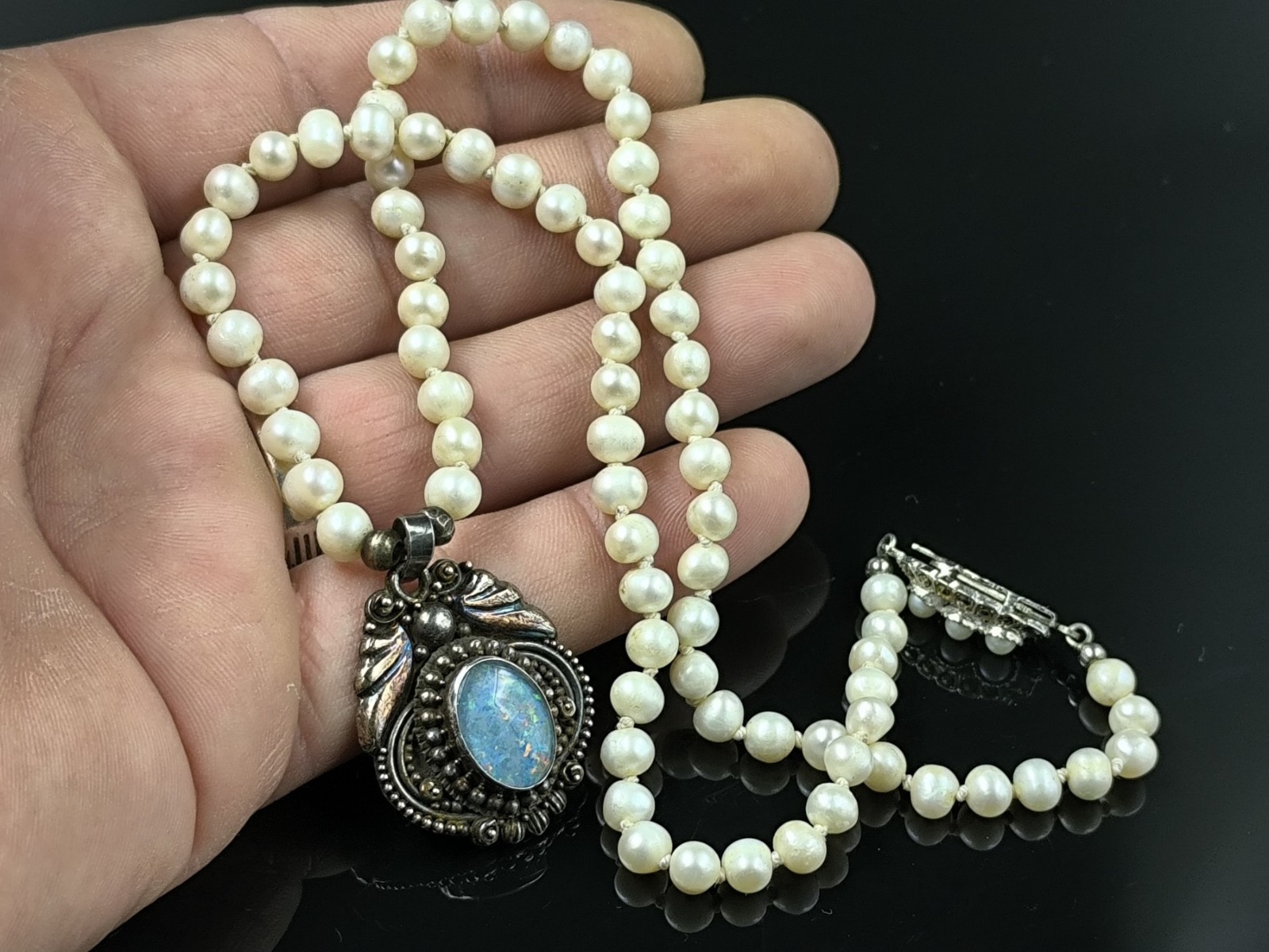 Vintage Cultured Pearl Necklace 925 Silver Natural Opal Pendant Marcasite Clasp