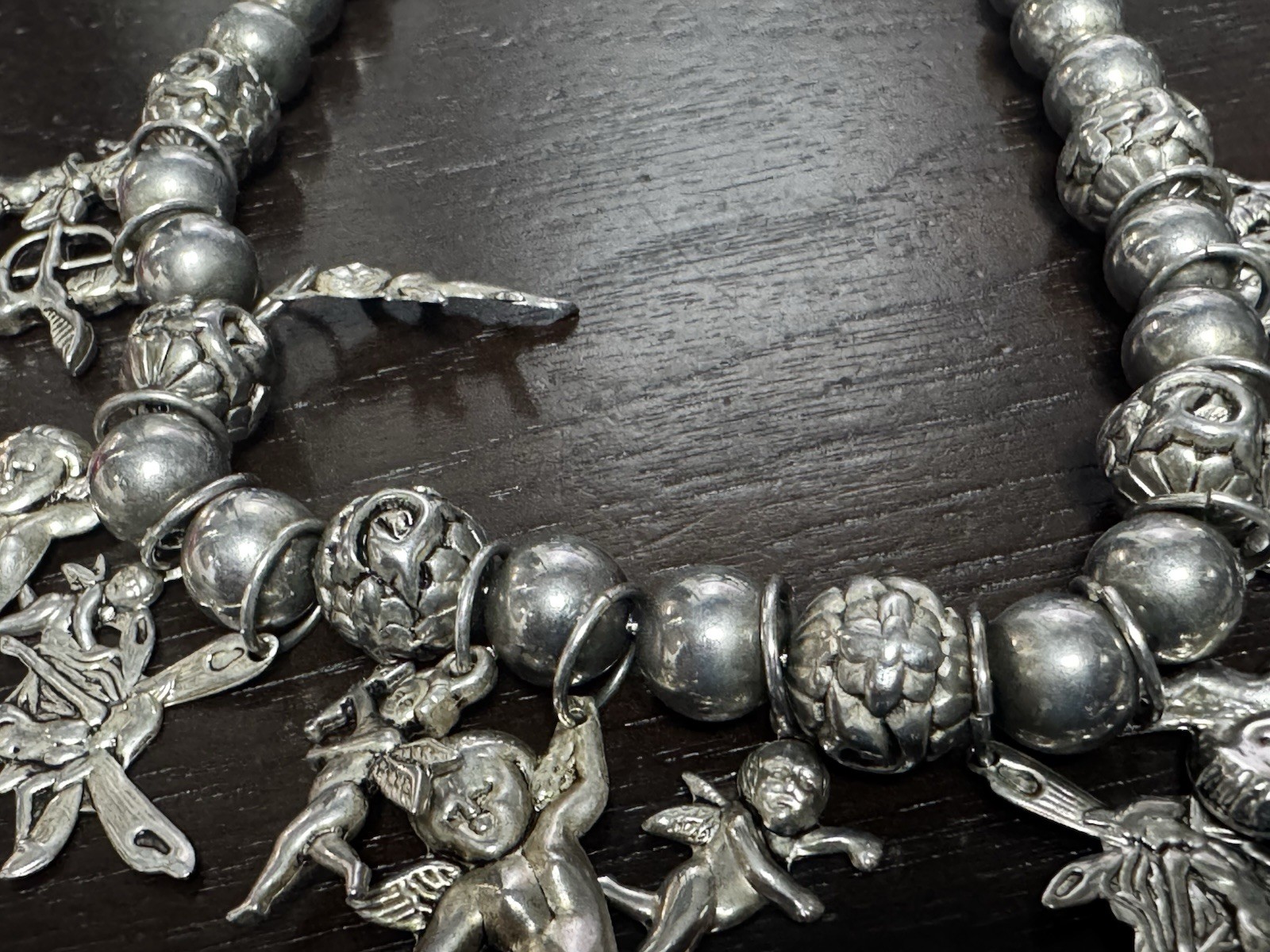 Vintage Silvertone Cherub Angel Charm Statement Necklace Pewter Style Boho