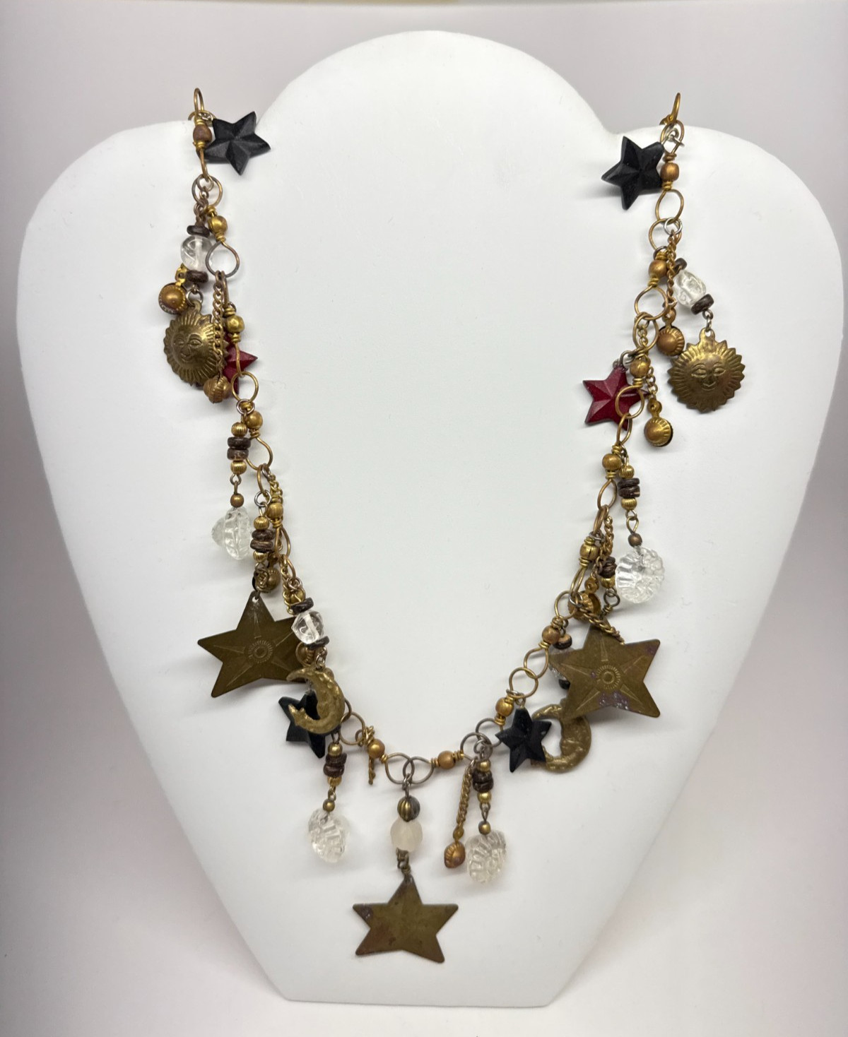 Vtg Brass Star Moon Charms Necklace red blue patriotic Boho 30″ July 4th