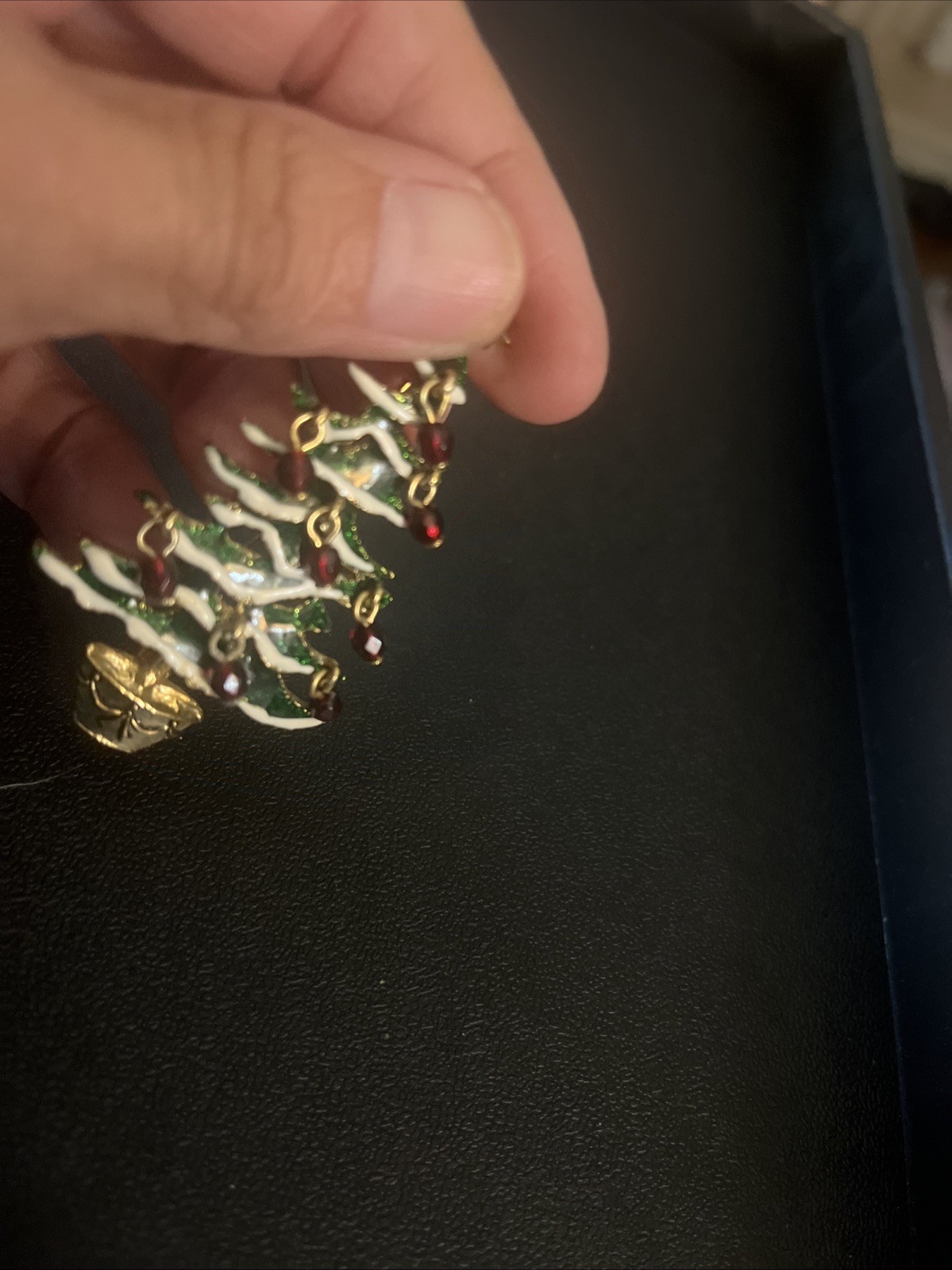 Avon Green Enamel Red Crystal Dangle Ornament Gold Tone Christmas Tree Brooch