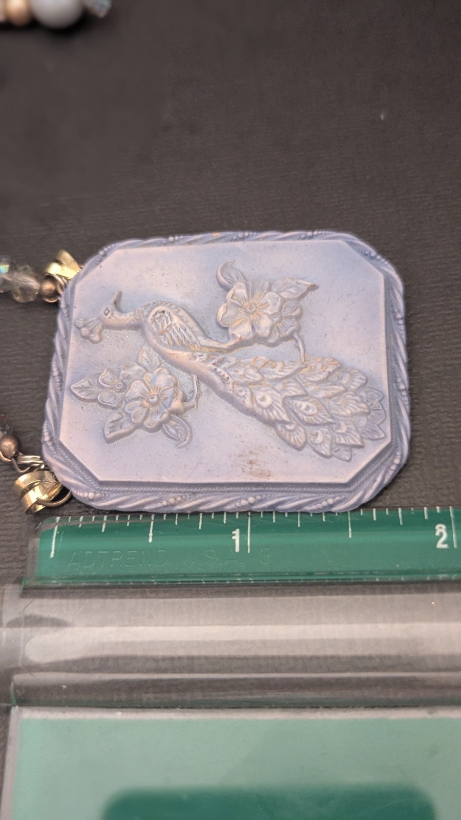 Vintage Light Blue Embossed Peacock Necklace – possibly Celluloid? With Earrings