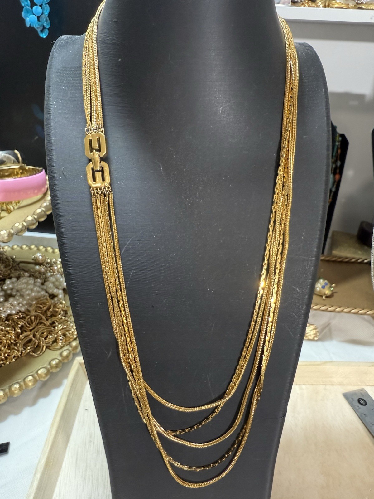 Vintage 1977 Givenchy G-Link 5 Strand Multi-Layered Gold Tone Necklace