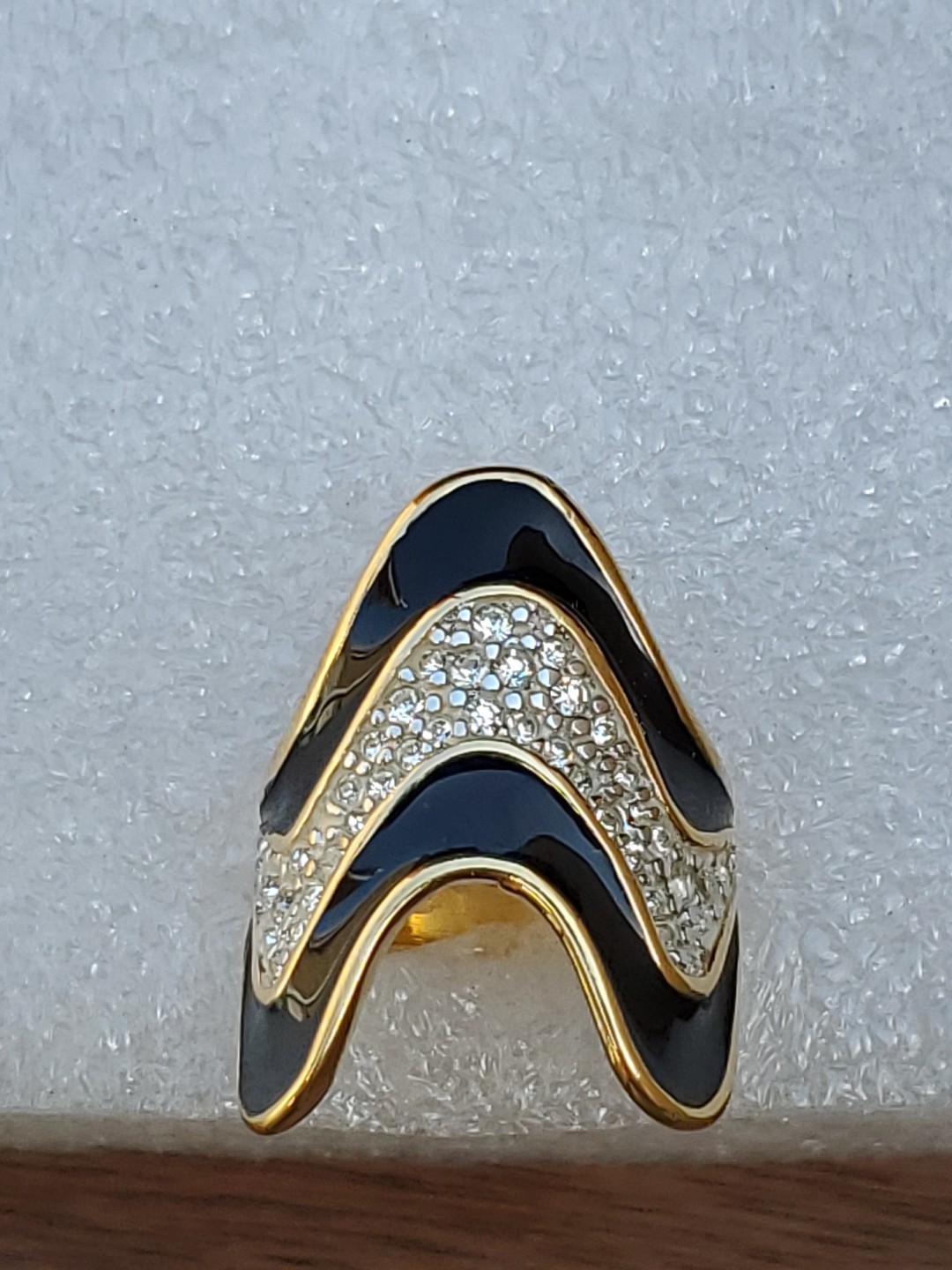 Vintage 18K Yellow Gold Plated Black Enamel And Rhinestones Ring Size 8