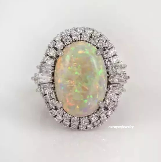 Glittering fancy Opal & lab-created Diamond halo cluster Engagement Ring silver