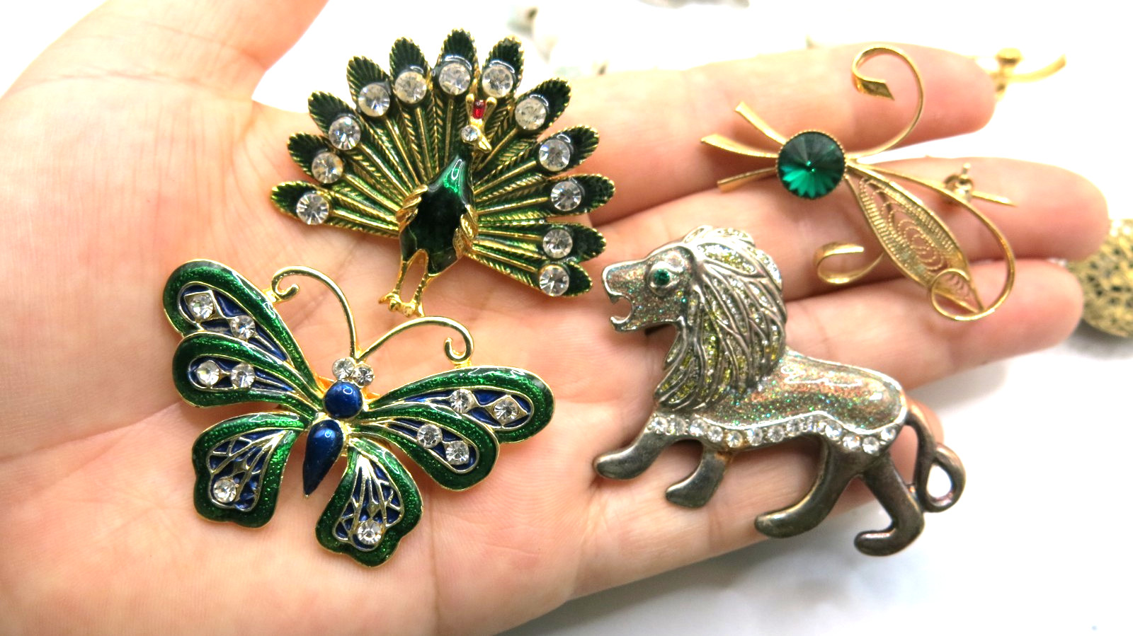 VTG Jewelry Set Lot 20pcs Pendant Brooch bracelet Cufflinks Ring Green gemstones