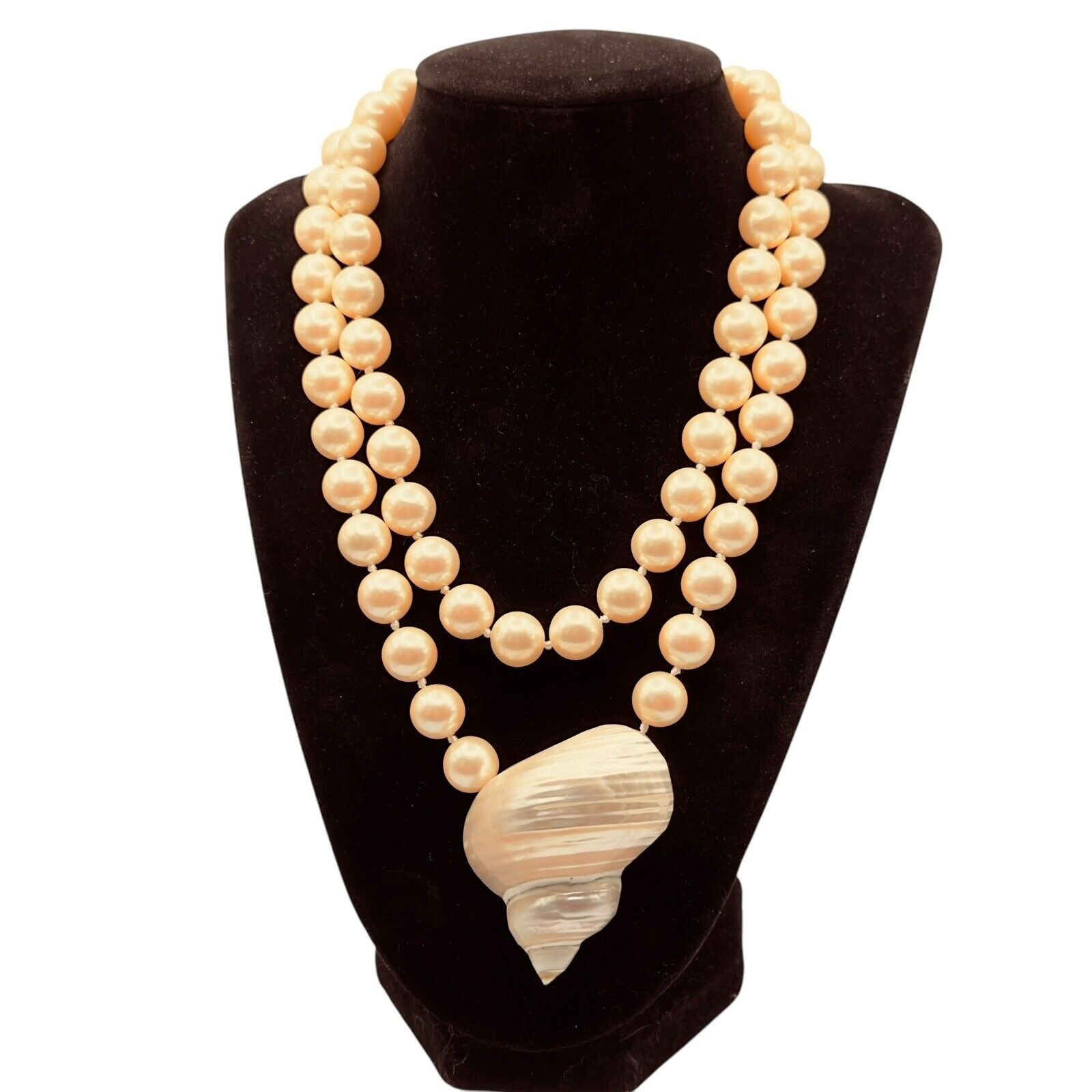 Vintage Danecraft Faux Glass Pearl Necklace Removable Shell Pendant 36 In Signed