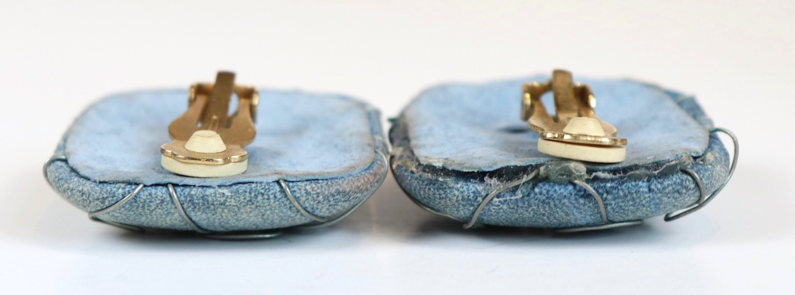 VTG Large Square Clip On Blue Metal Boho Artwork Beaded Sequence 1.5″x1.5″