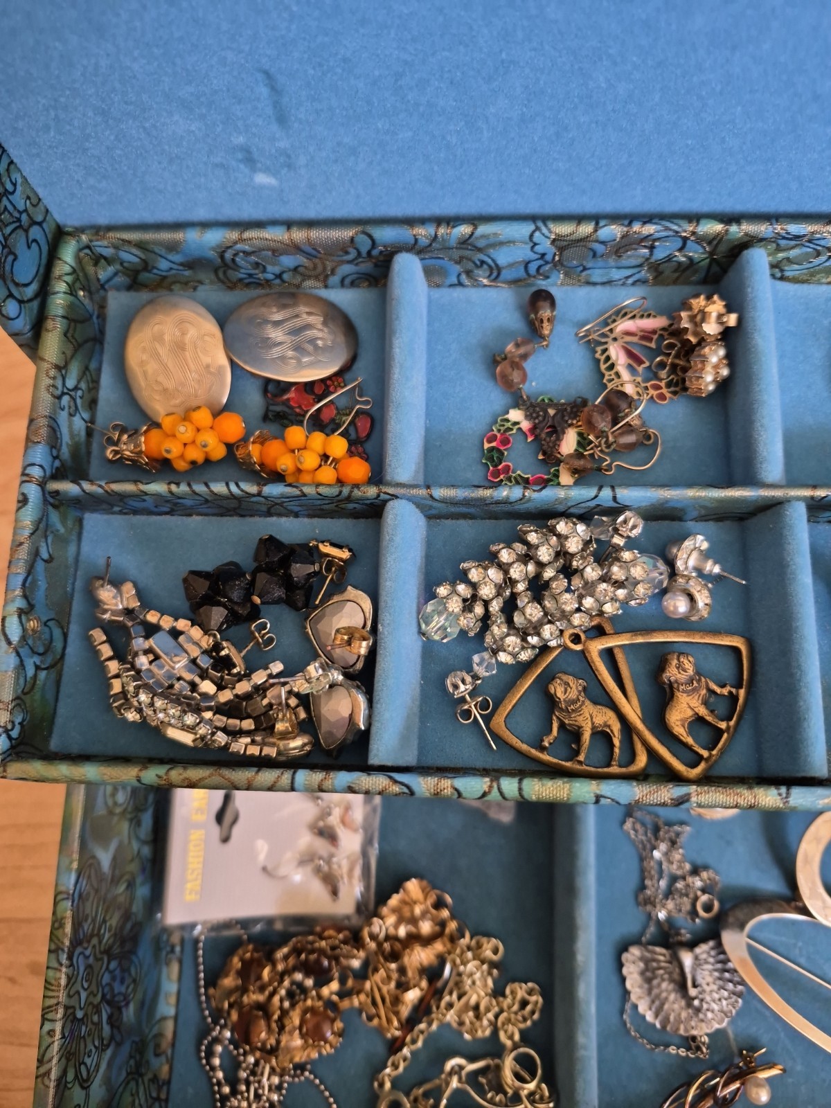 Vtg Jewelry Box With VTG- Now Costume Necklaces, Earings, Brooches, Pins, Etc.