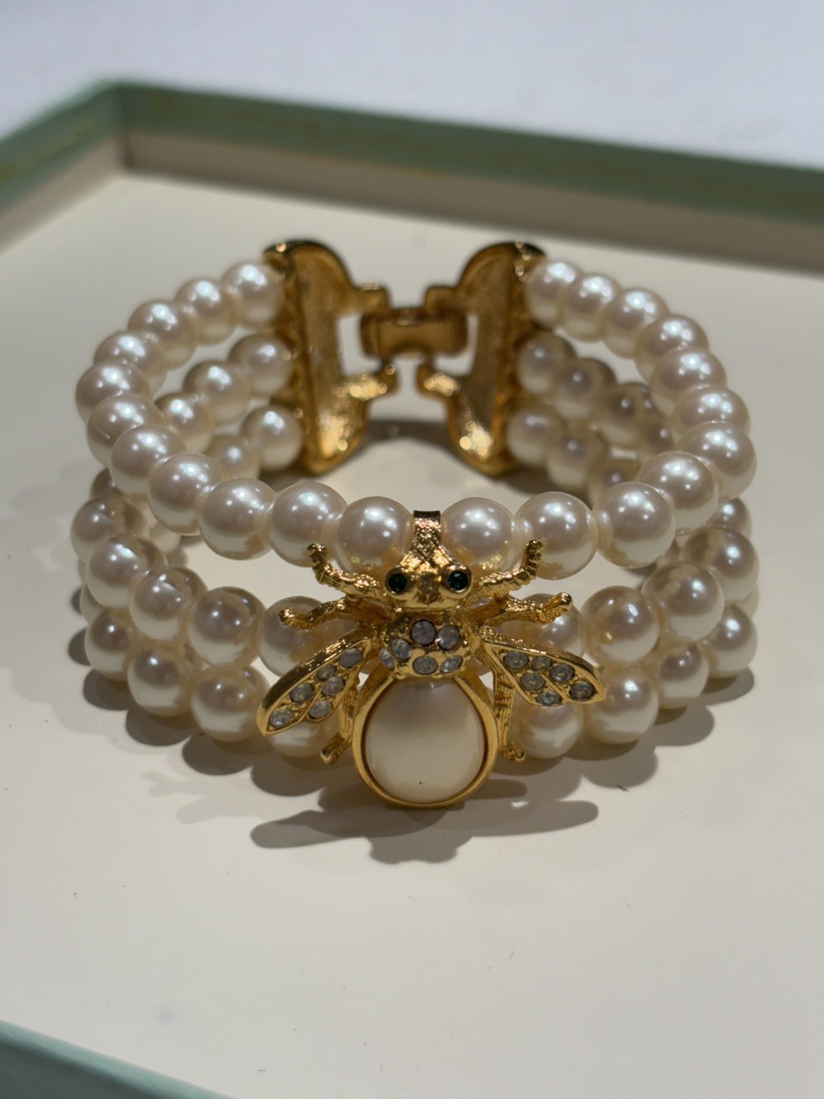 Vintage Joan Rivers Signed Faux Pearl Triple Strand Rhinestone Bee Bracelet #8