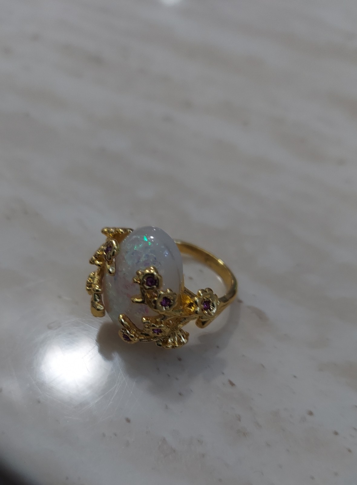 Vintage Style Opal Ring Gold Tone Statement Ring Iridescent Gemstone Jewelry .