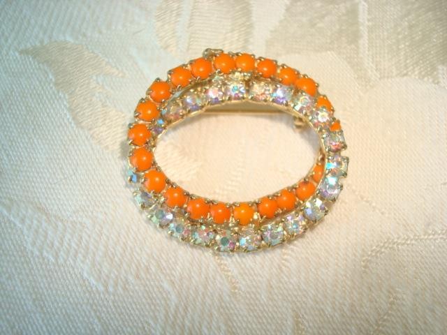 Vintage Entwined Ovals Brooch AB Rhinestones Orange Plastic Cabochons KJ