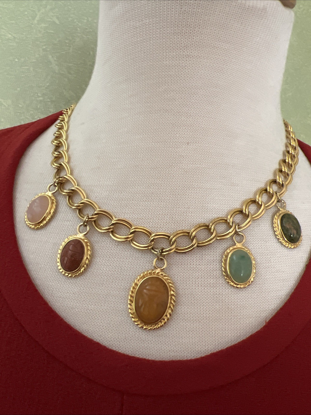 Vintage Gold Tone Multi-Stone Cabochon Charm Chunky Chain 18.5”-22” Necklace