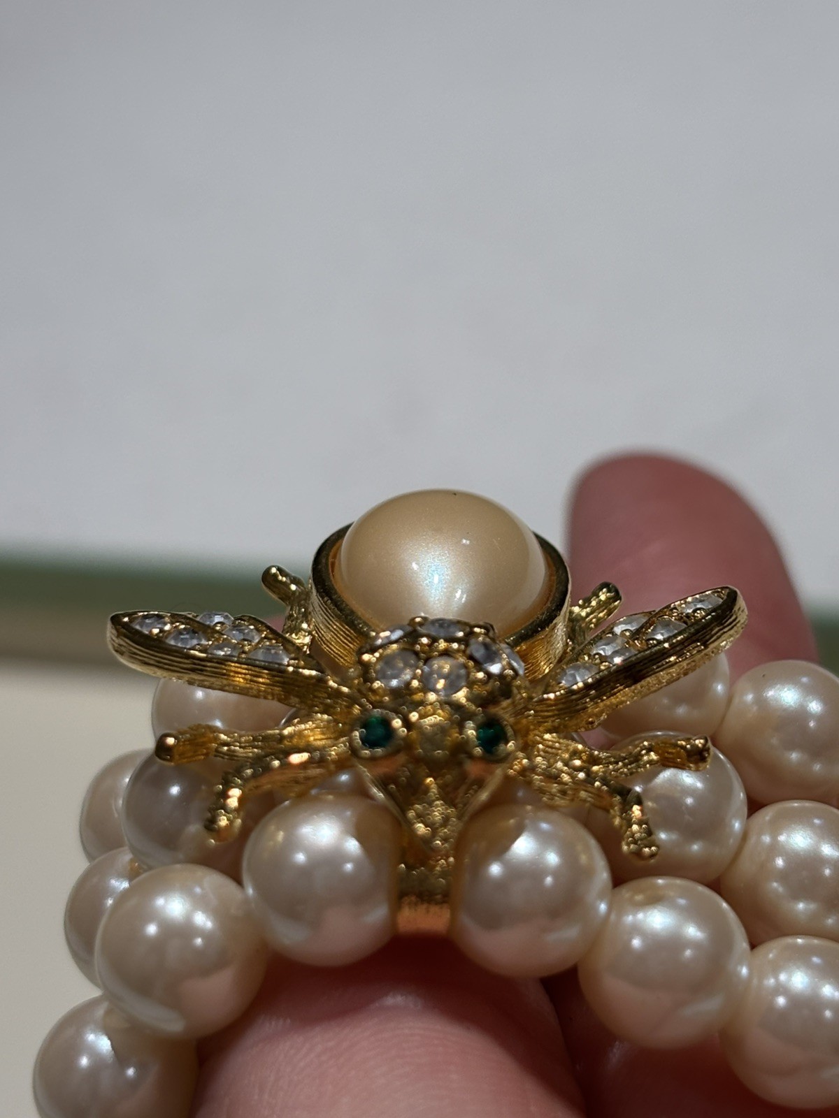 Vintage Joan Rivers Signed Faux Pearl Triple Strand Rhinestone Bee Bracelet #8