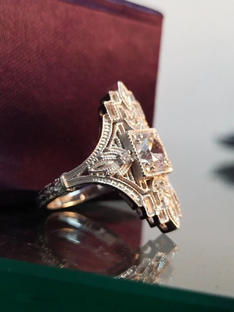 1.5Ct Art Deco Style Lab Created Diamond 14K White Gold FN Filigree Wedding Ring