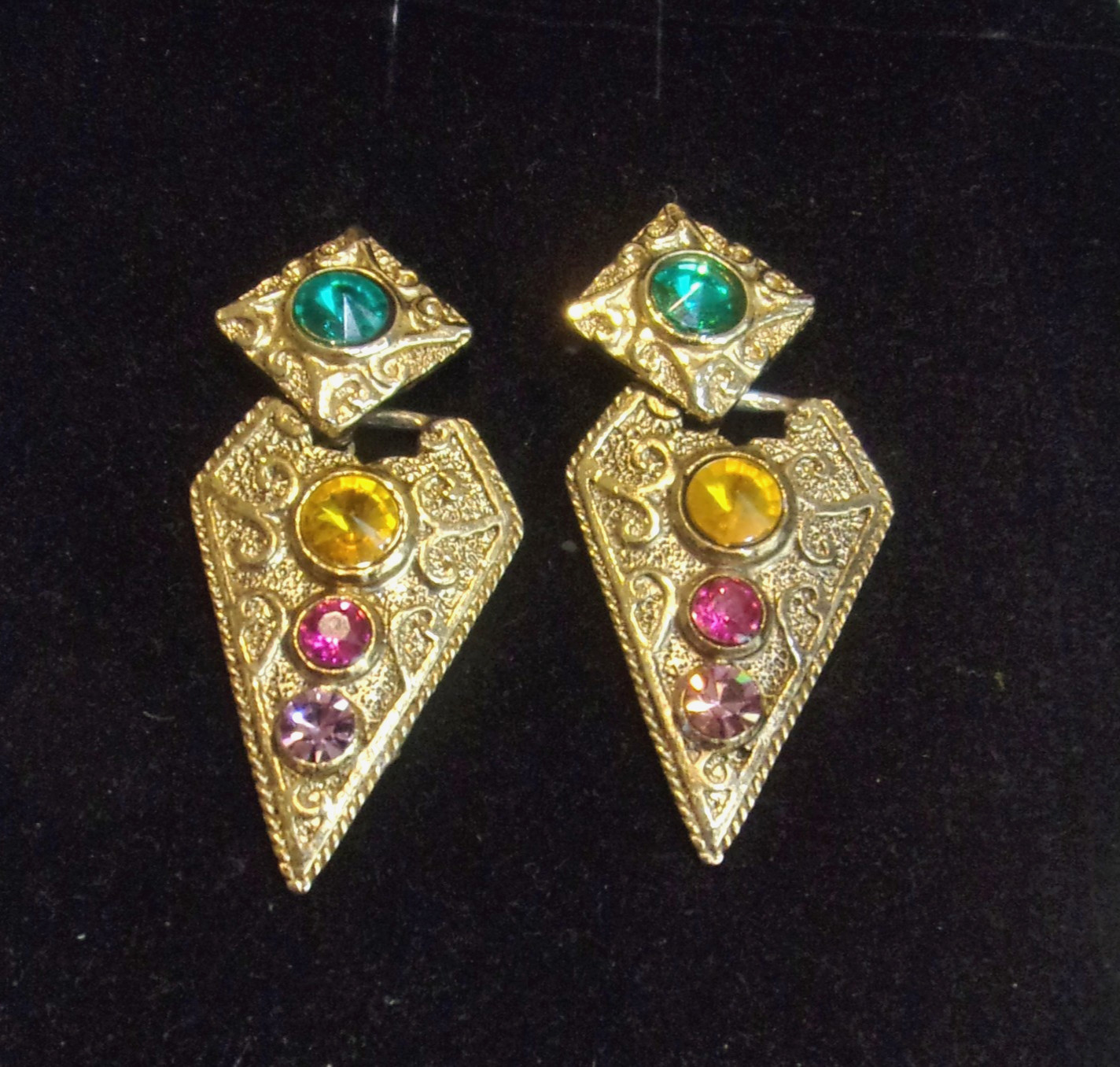 Egyptian Revival Acrylic Cabochons Genuine Crystals Gold Plated Pierced Earrings