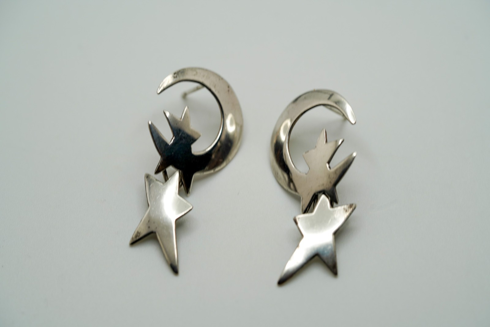 Vintage 1995 Sterling Silver Moon Stars Dangle Earrings 4.2cm JB37