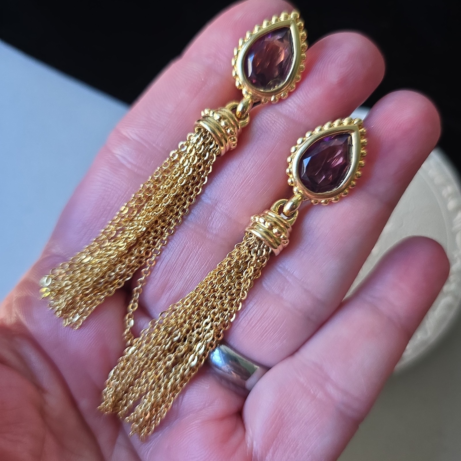 Vintage High End Gold Tone Amethyst Glass Bezel Accents Tassels Earrings Clip on