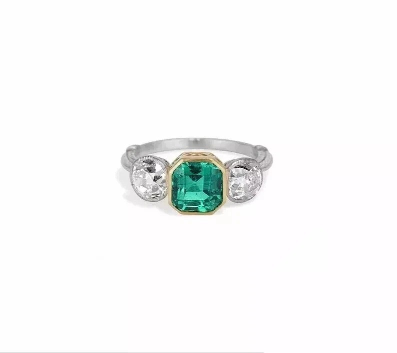 Art Deco Style 3-Stone 2.95Ct Cushion Lab Created Emerald Wedding Silver Ring