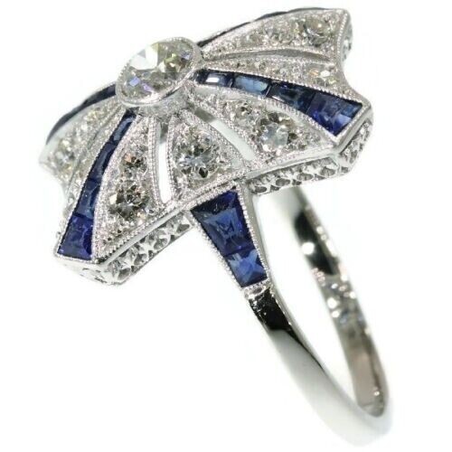 Art Deco 2Ct Sapphire & Lab Created Diamond Birthday 14K White Gold Filled Ring