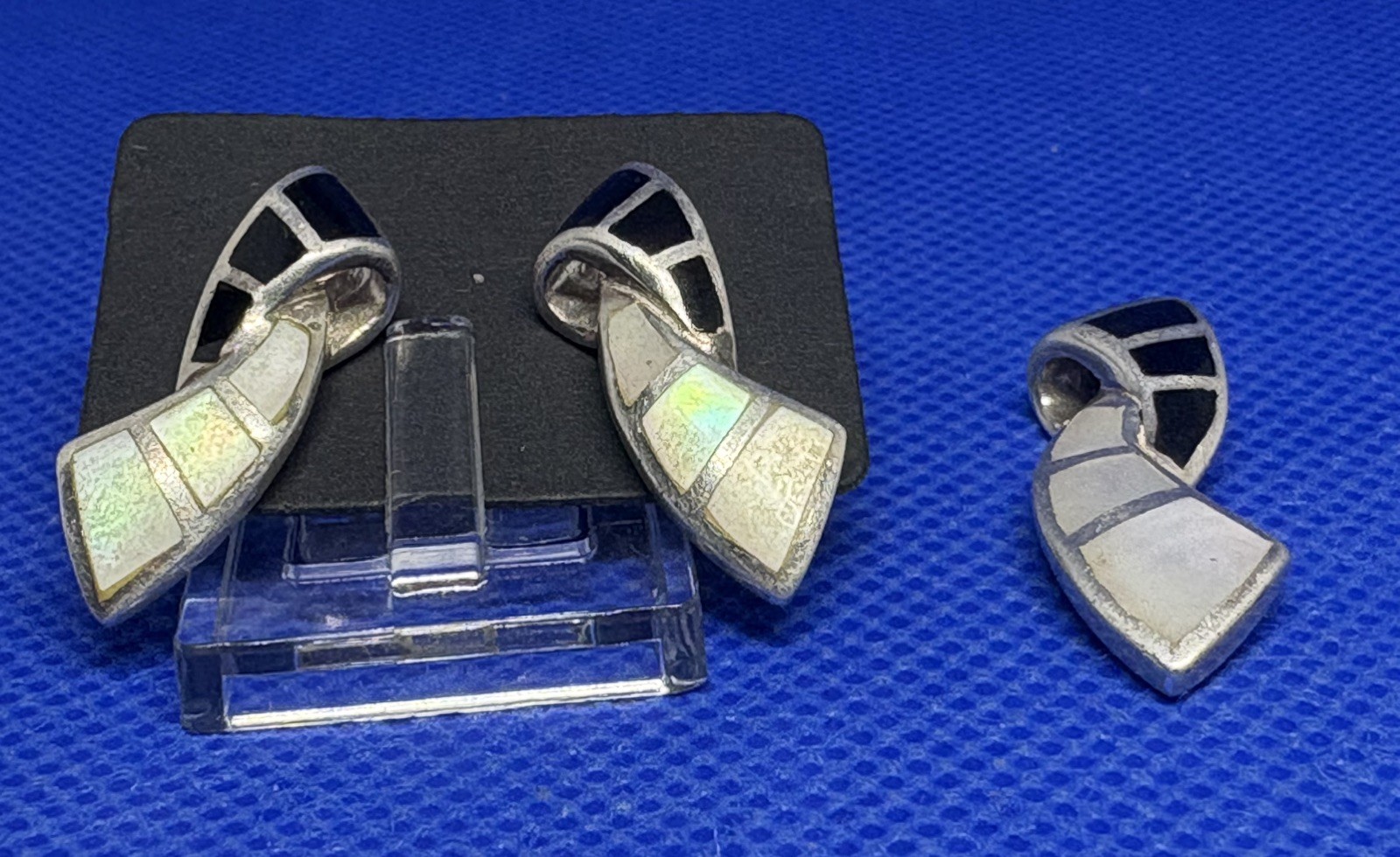Set Pendant & Earrings 925 Sterling Silver 1970s Abalone Onyx NF Thailand