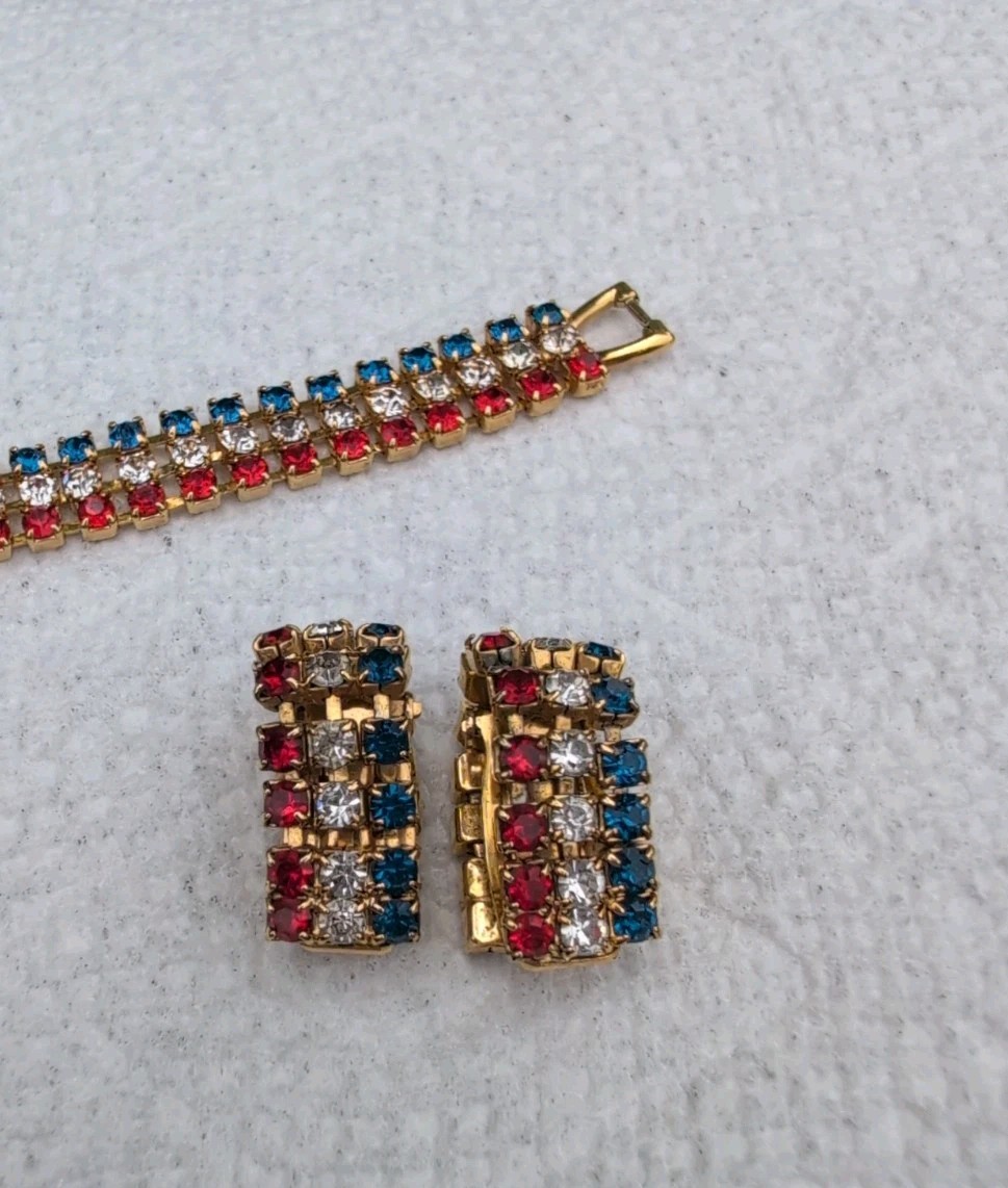 Vintage Red White & Blue Rhinestones Bracelet Clip On Earring Set 4th Of July