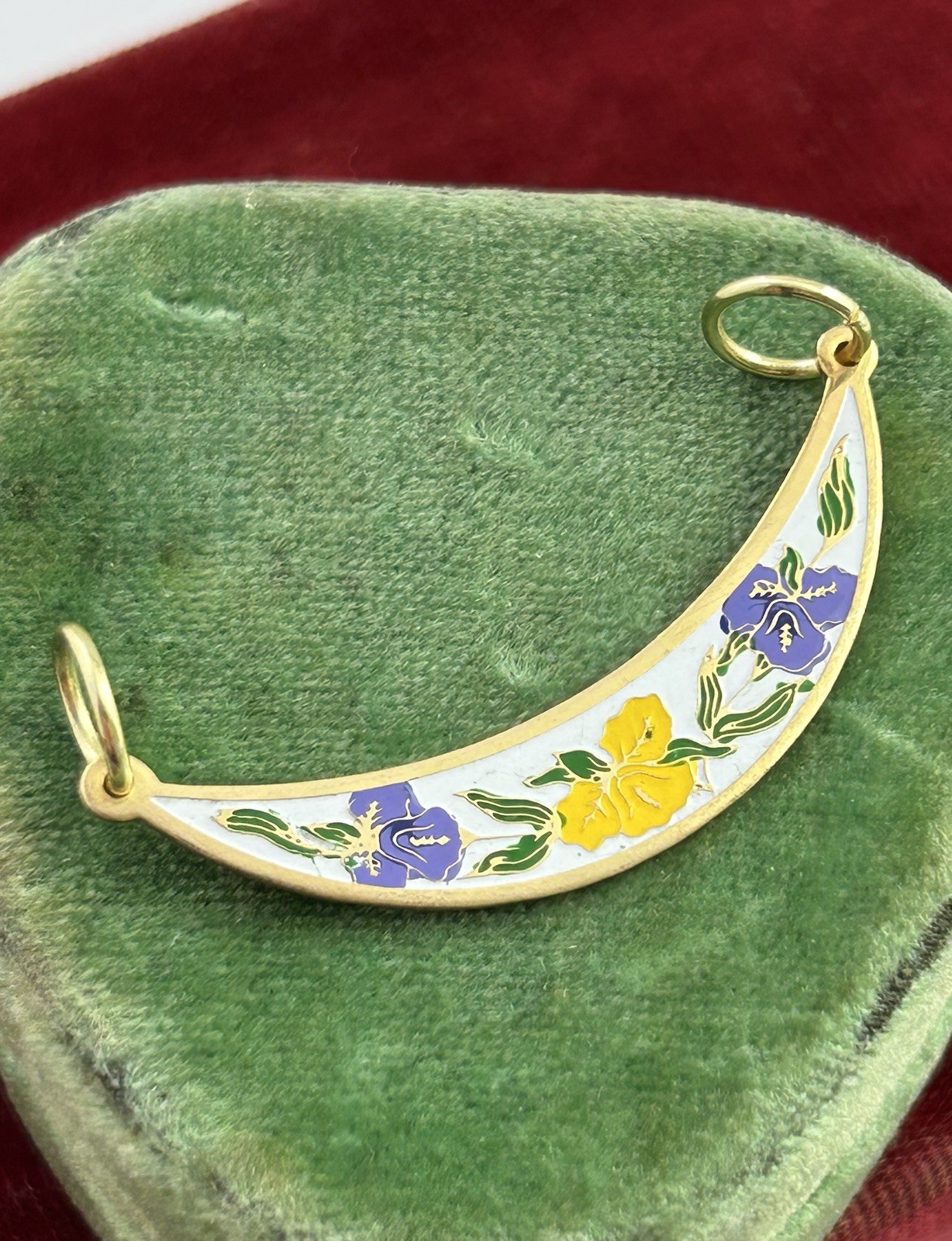 Vintage Pendant Enamel Flower Crescent Moon Jewelry Gold Plated Double Loop