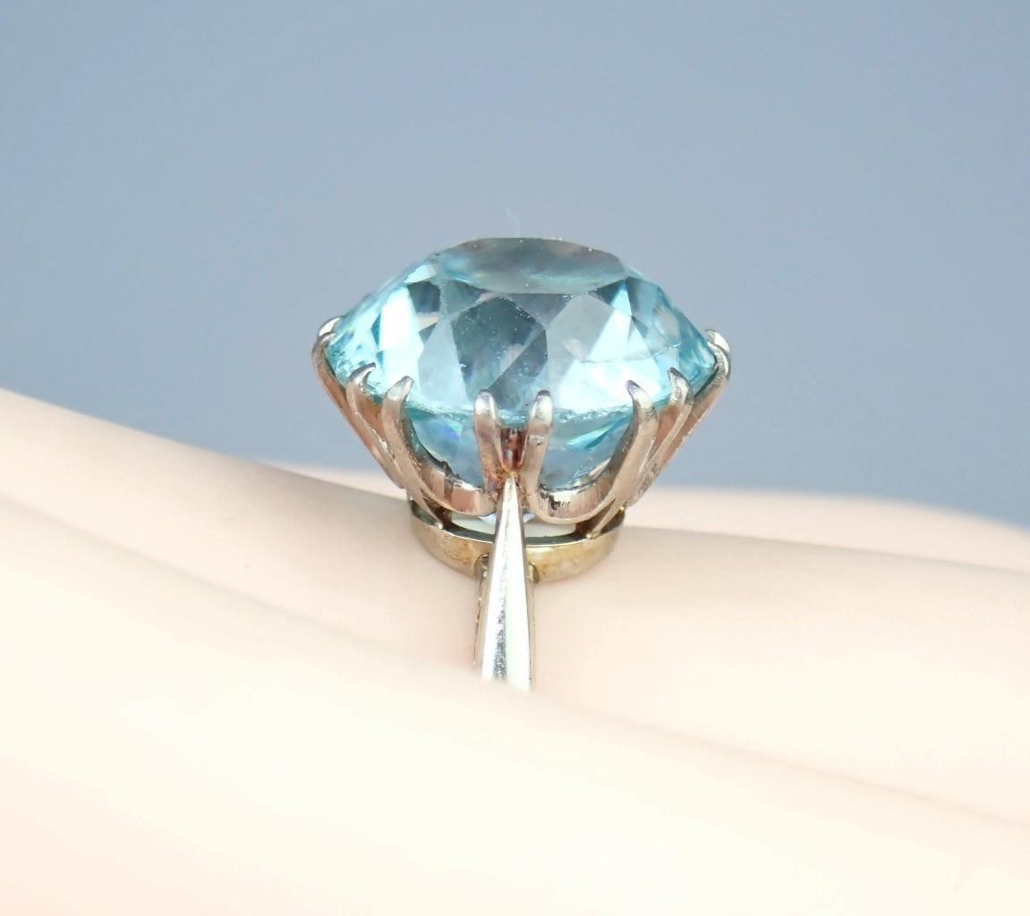 Antique Art Deco 18K Gold 5.4ct Old Cut Blue Zircon Solitaire Engagement Ring 6