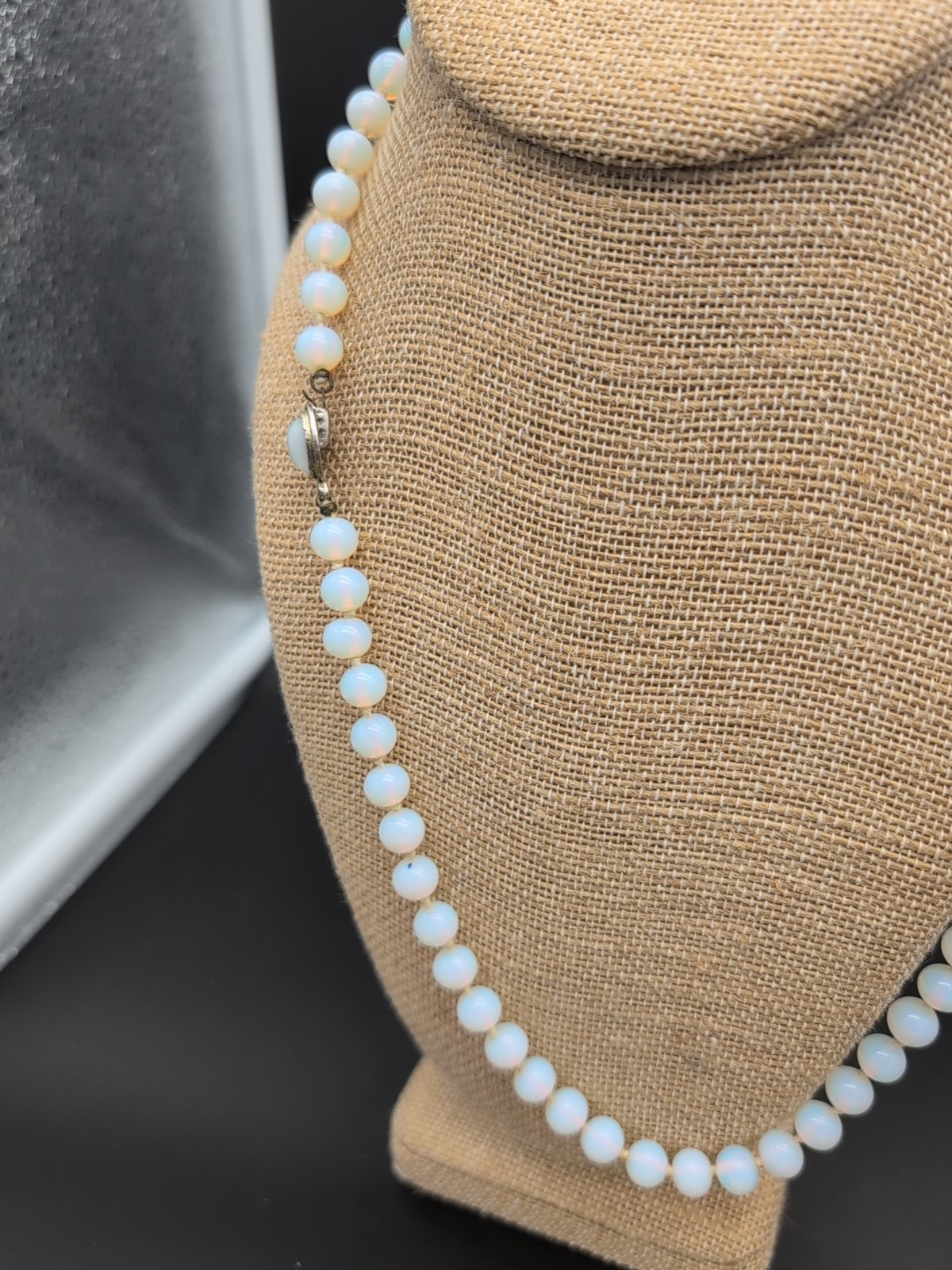VINTAGE OPALITE OR OPALINE OPALESCENT GLASS BEAD NECKLACE HAND KNOTTED 23″