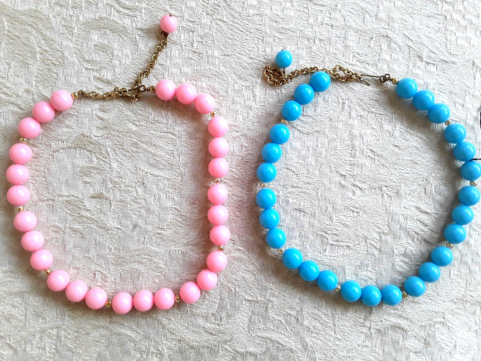 2 Vintage Pearlcraft 14” Beaded Necklaces Chokers Aqua Blue & Pink Retro NWT