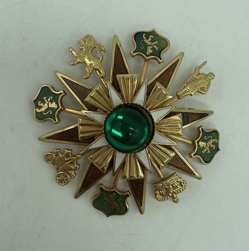 Vtg Heraldic brooch coats of arms & crowns Gold tone metal alloy enamel crystal