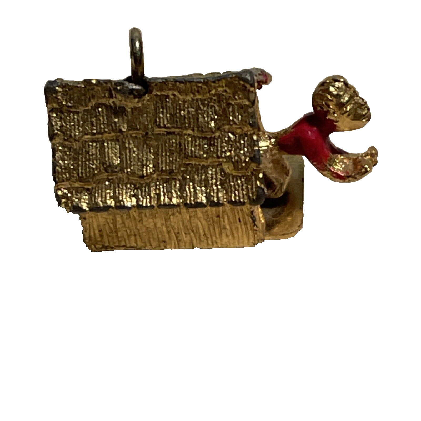 1960’s Man in Doghouse Goldtone Bracelet Charm Mechanical Signed C S Red Paint