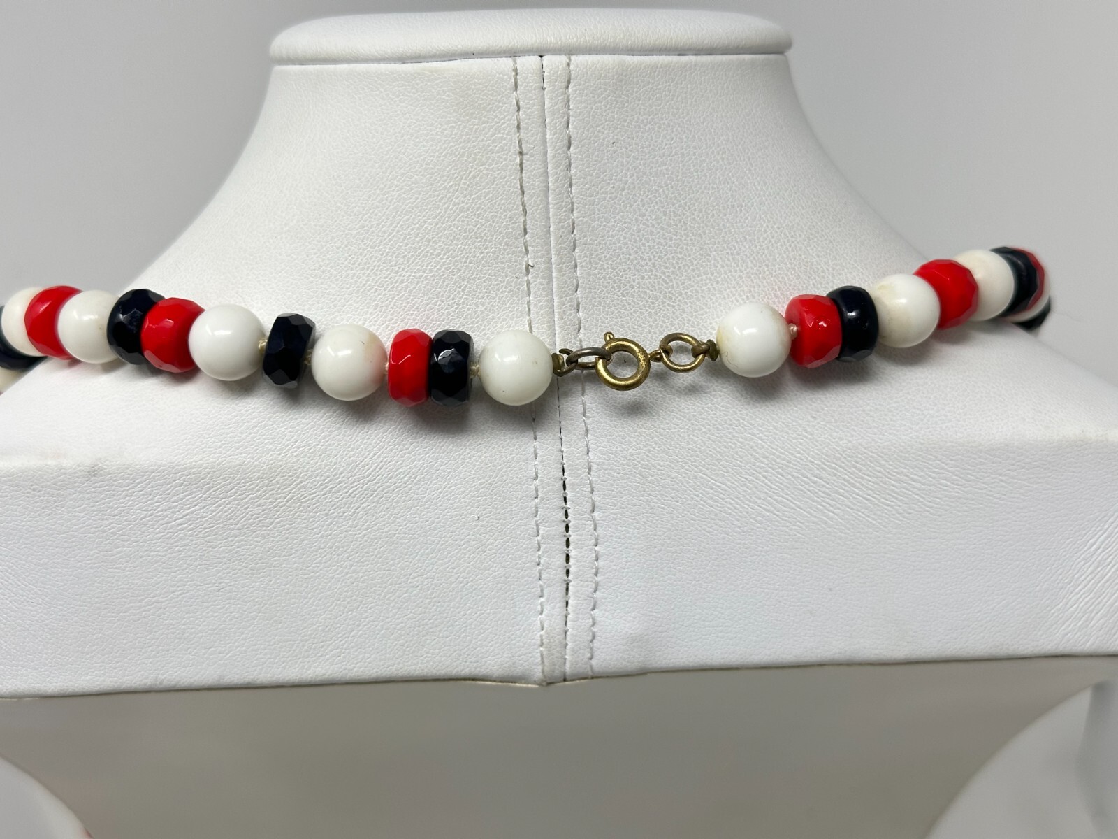 Vintage Red White & Blue Glass & Plastic Bead 30″ Long Necklace
