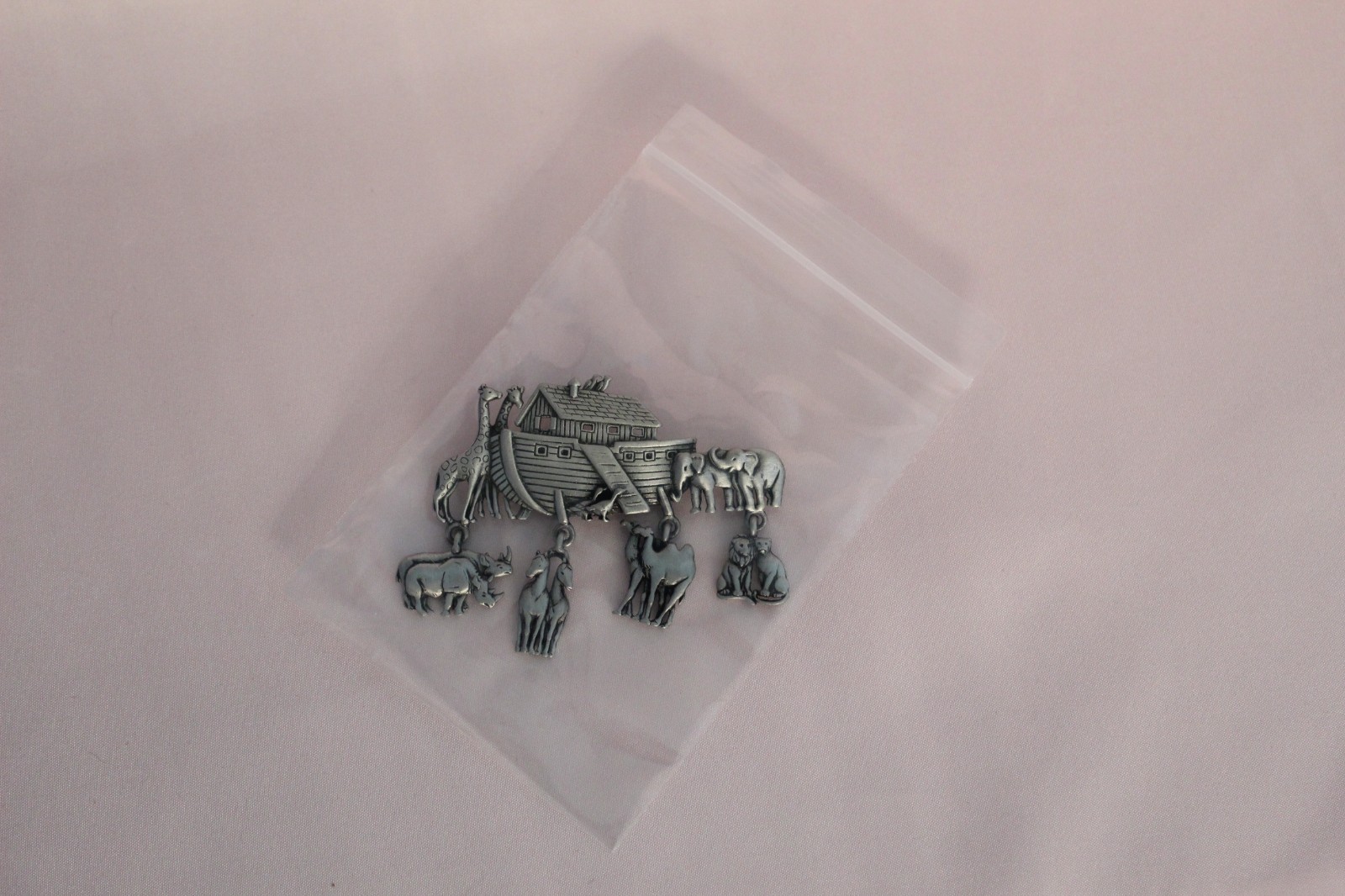 Vintage JJ Signed Noah’s Ark Brooch Pin Silver Tone Dangling Animal Charms