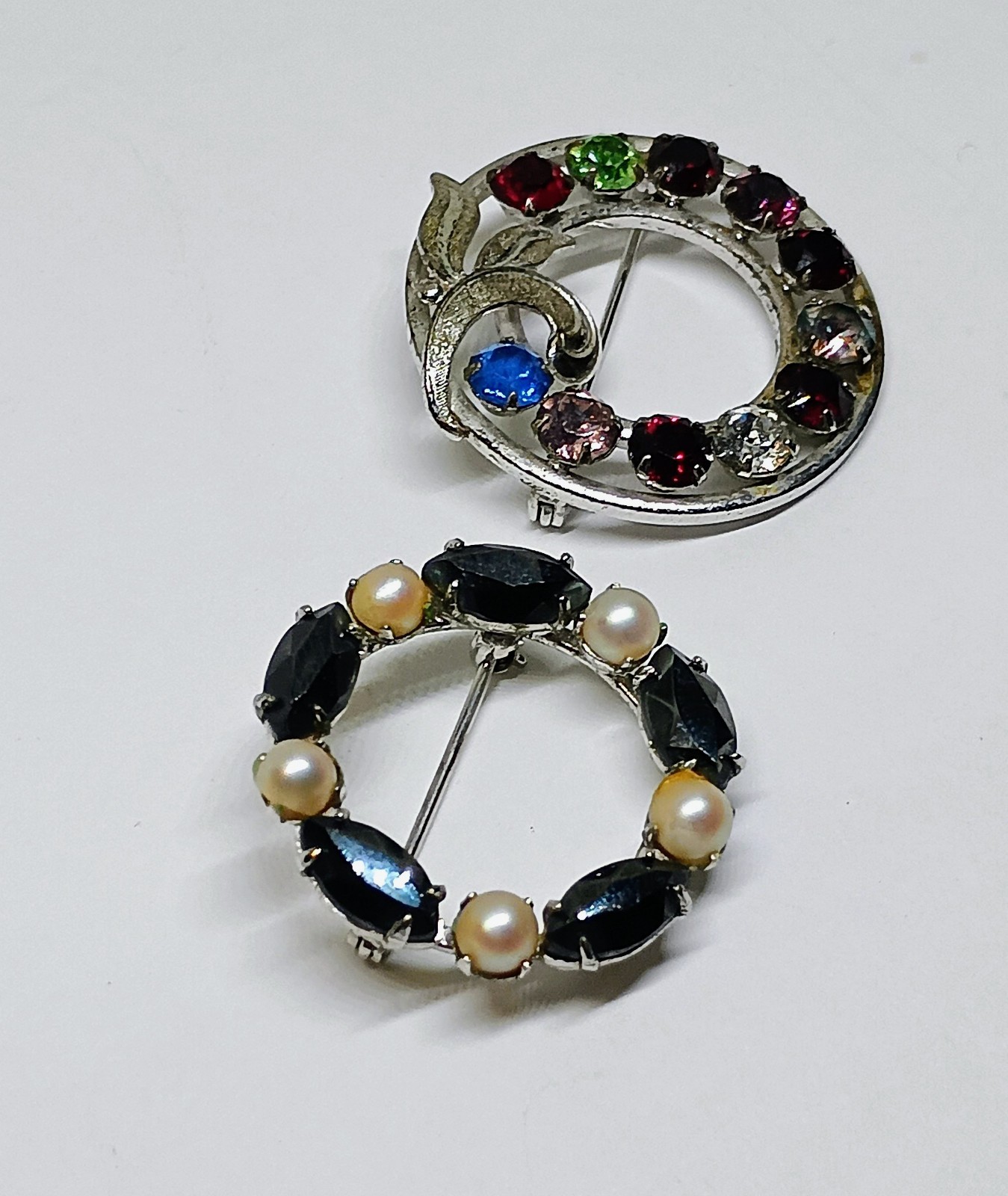 Vintage Lot 4 Brooches Pins Sterling Silver Blue Rhinestones Rivoli Crystals