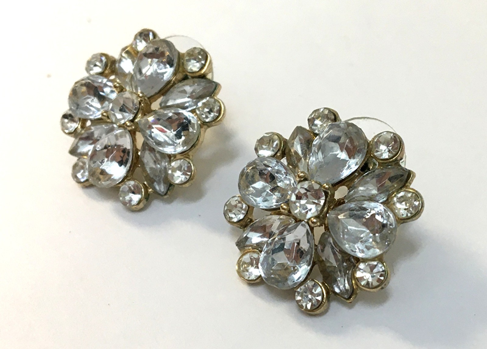 Rhinestone Cluster Earrings Gold Tone Lobe Post Vintage
