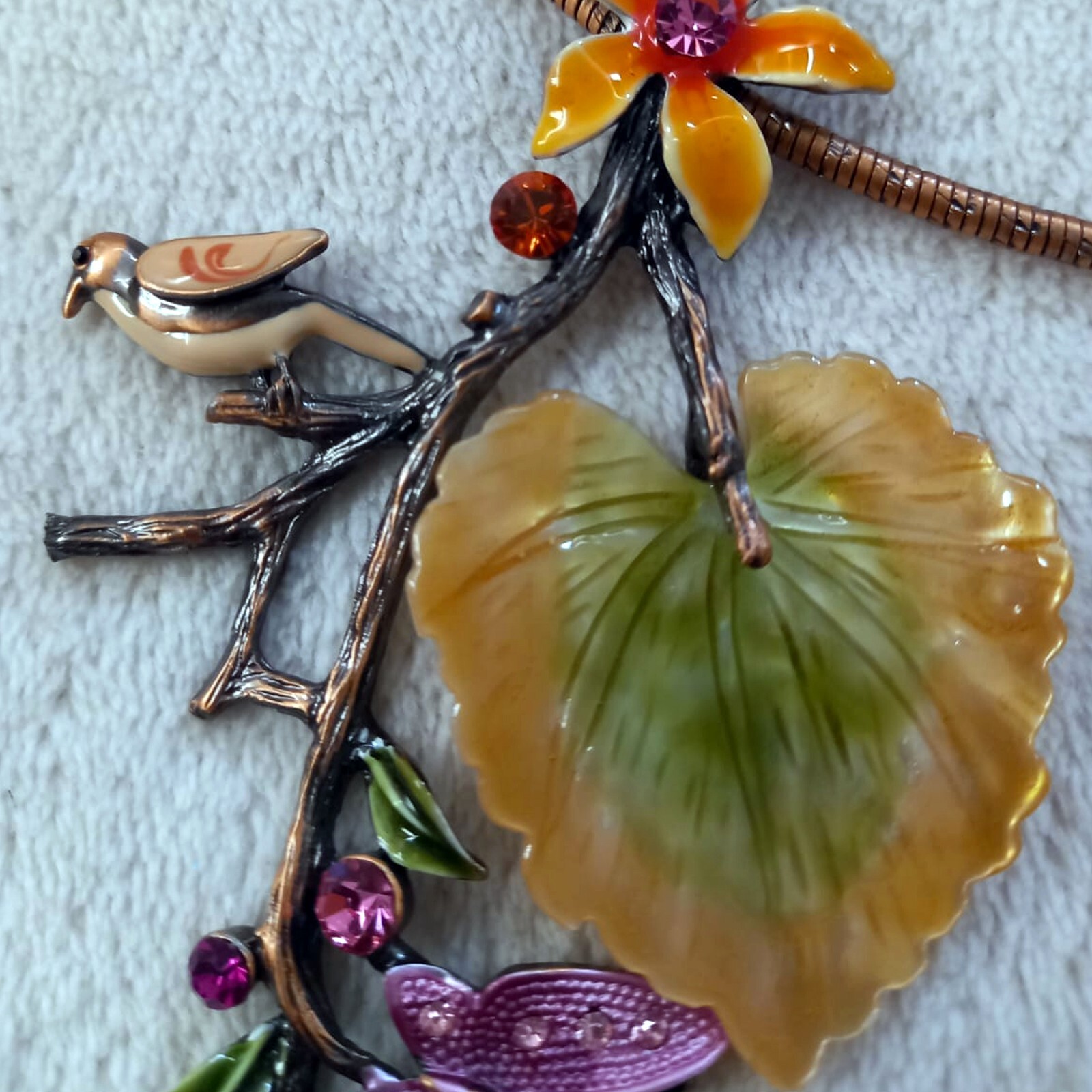 Women’s Necklace With Earring Bird on a Branch Flower on Copper Band