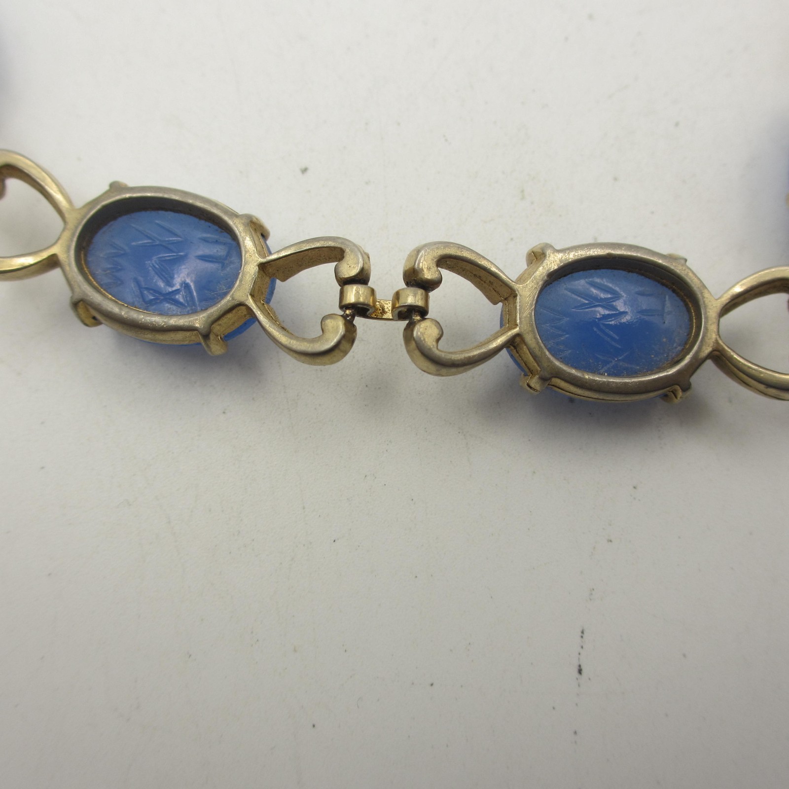 Vintage Scarab Necklace Egyptian Revival Blue Glass Gold Tone Choker 15 Inch