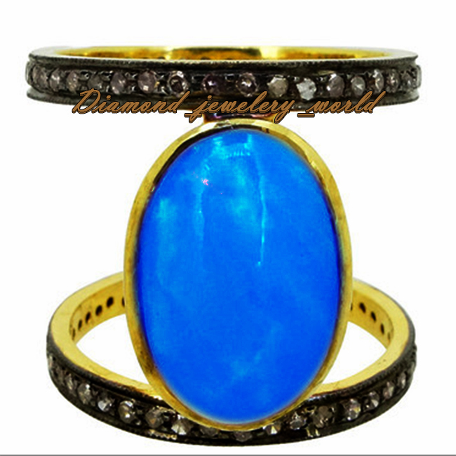 Victorian 1.32ctw Rose Cut Diamond Turquoise Studded Silver Amazing Ring Jewelry