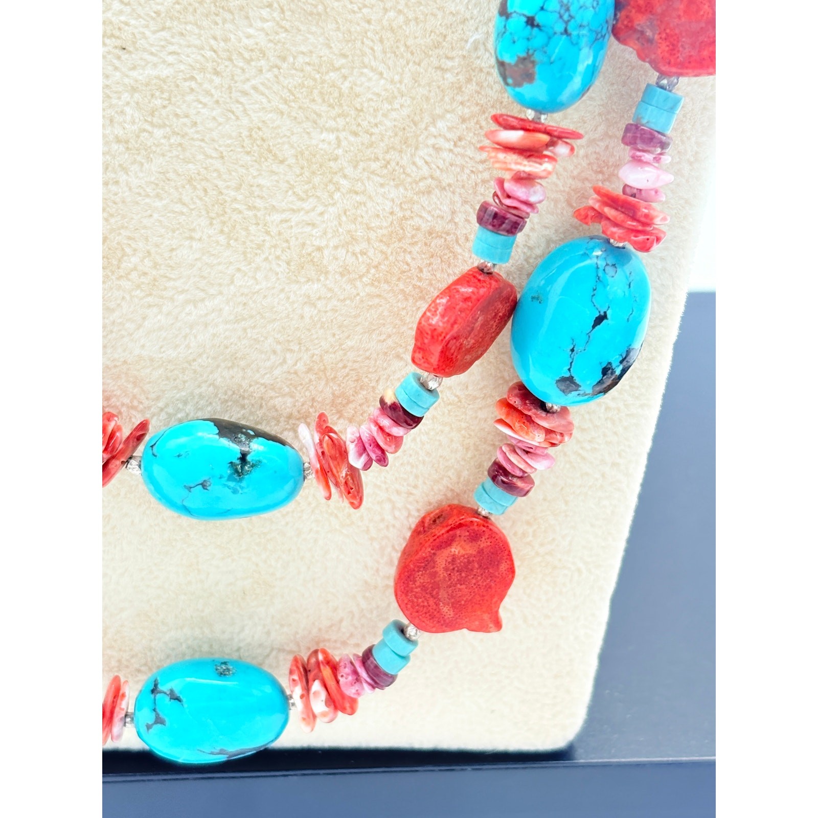 Turquoise & Sponge Coral Necklace, Double Strand, 925 Clasp, 1990s–2000s