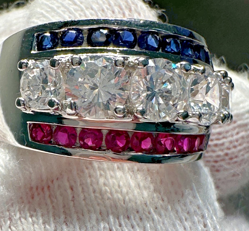 STERLING SILVER, PINK, BLUE & CLEAR BANDED ACCENTED BAND RING SIZE 7.25 H651